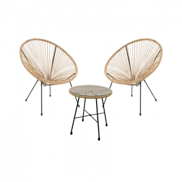 Tραπεζαρία Acapulco Ι pakoworld σετ 3τεμ μαύρο μέταλλο-φυσικό rattan-γυαλί Φ50x50εκ